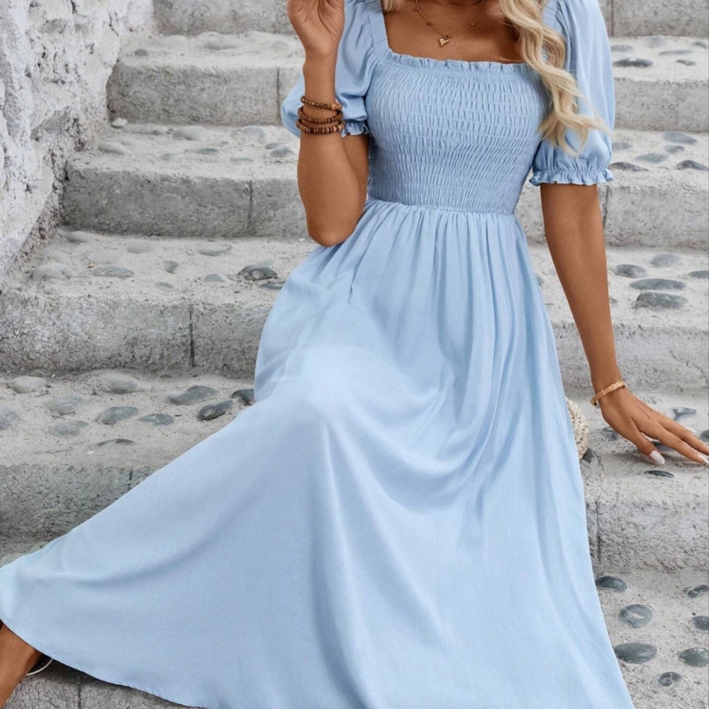 Shein Lune Light Blue Smocked Bodice Dress